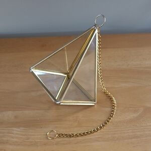 GEOMETRIC Glass Hanging Terrarium Gold Brass Tone Frame and Chain